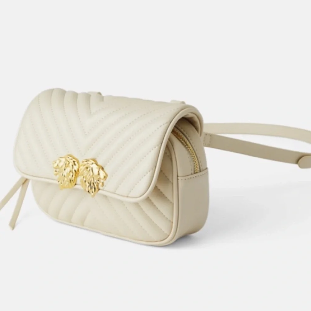 ZARA Double Lion Head Ivory Cross-Body Bag Adjustable with Gold Tone Accents NWT